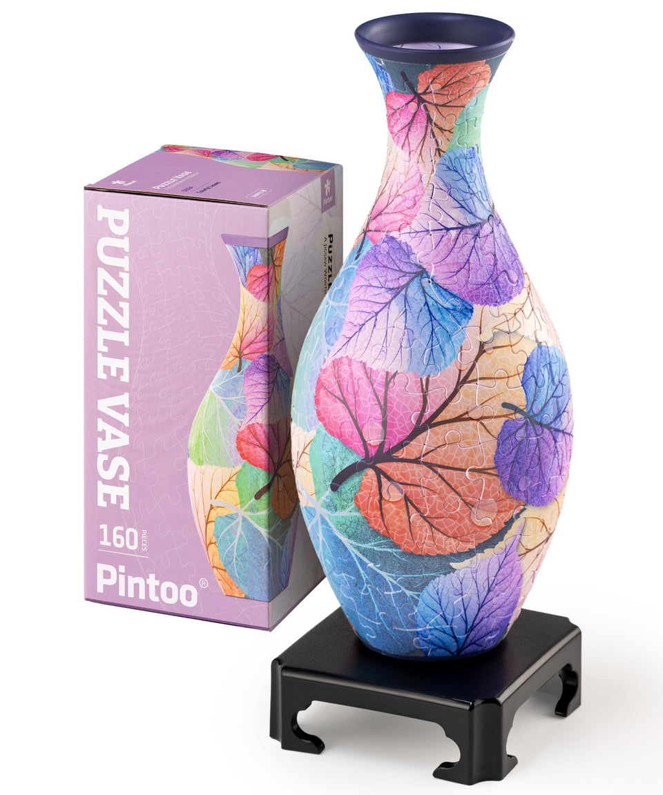 Pintoo 3D Puzzle Vase with colorful leaves for a striking decor focal point.