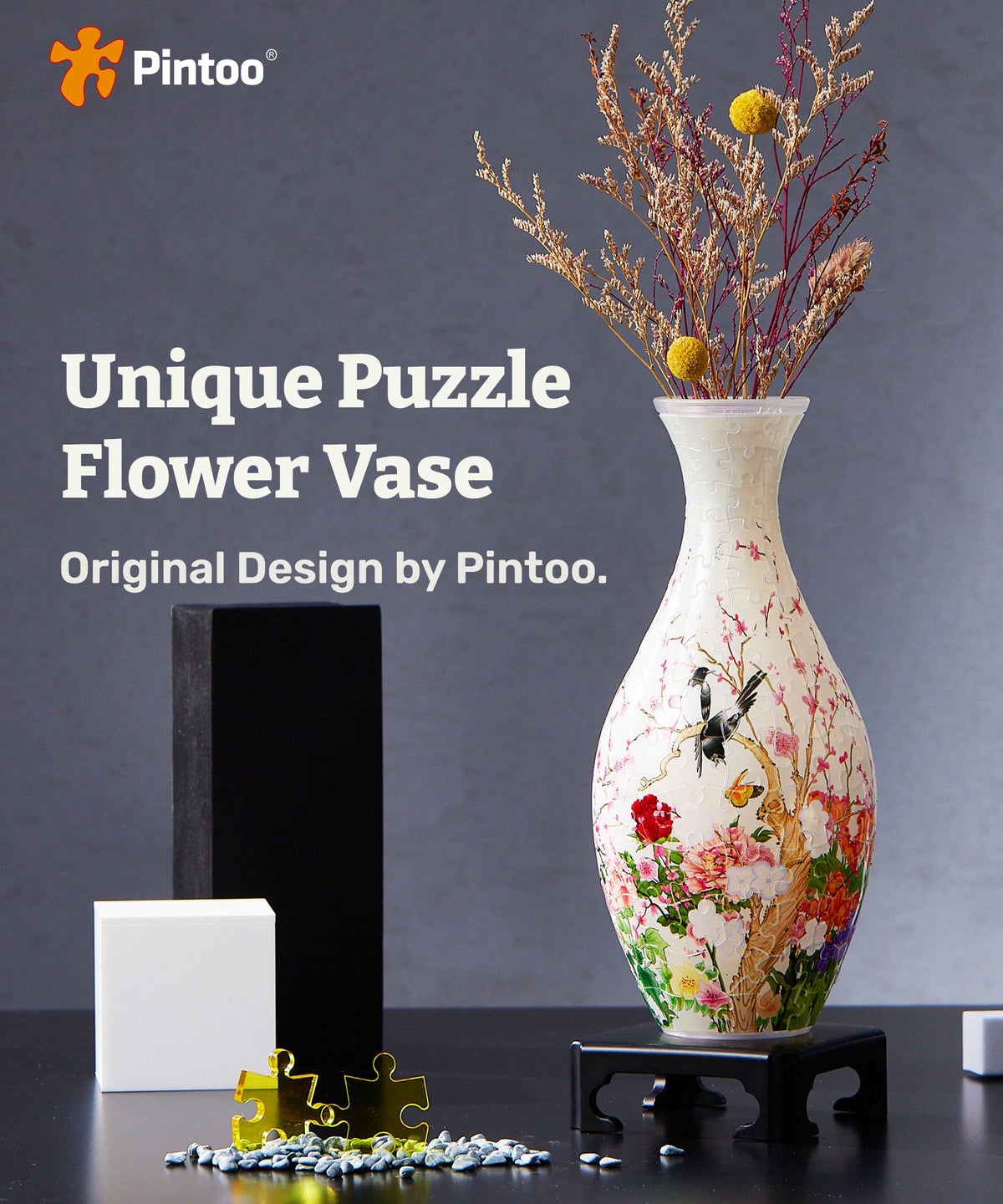 Pintoo 3D puzzle vase with detachable stand showcasing arrangements