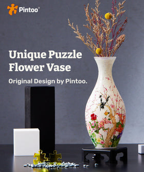 Pintoo 3D puzzle vase with detachable stand showcasing arrangements