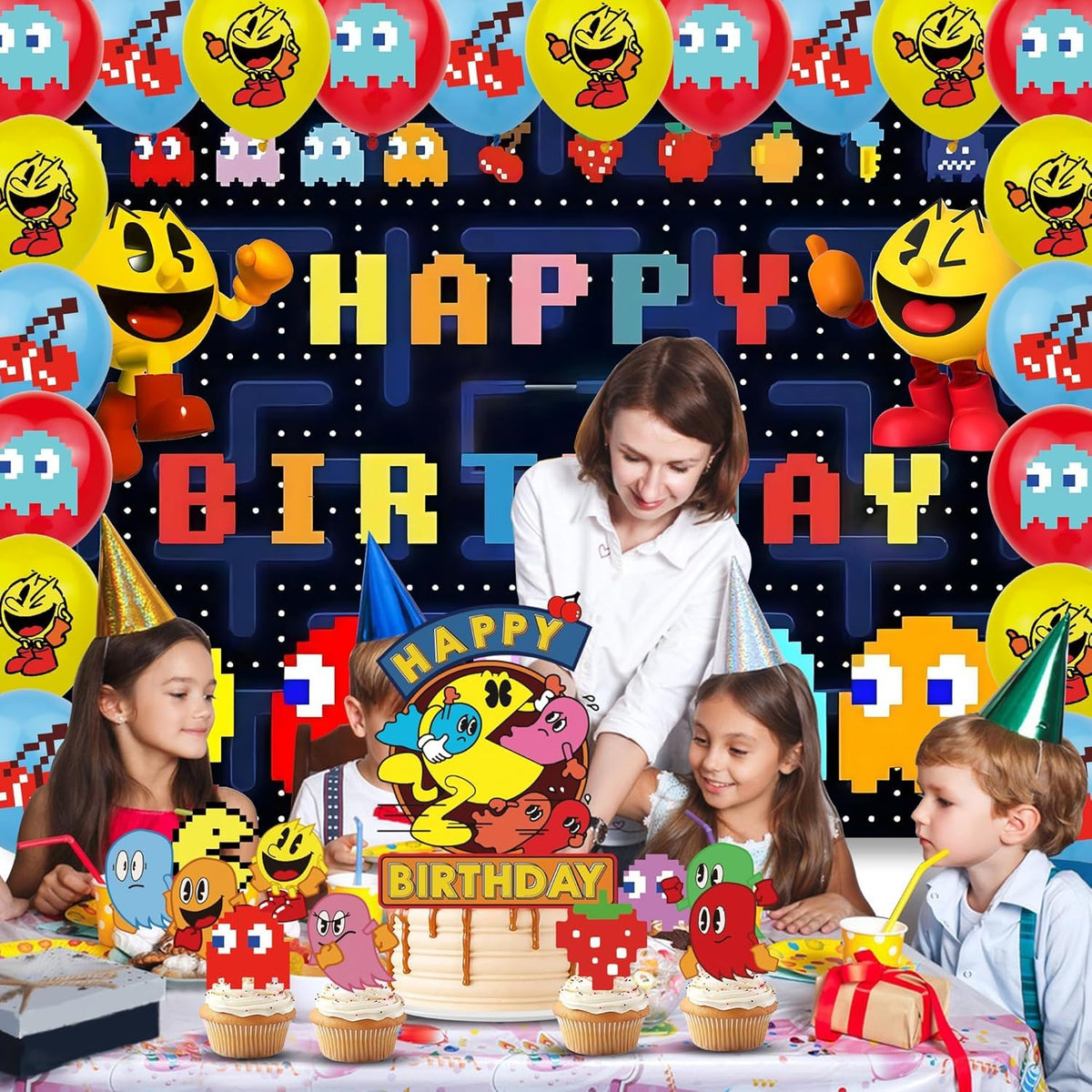 PINUO Pac Ghost party decor setup for a cohesive Pacman theme