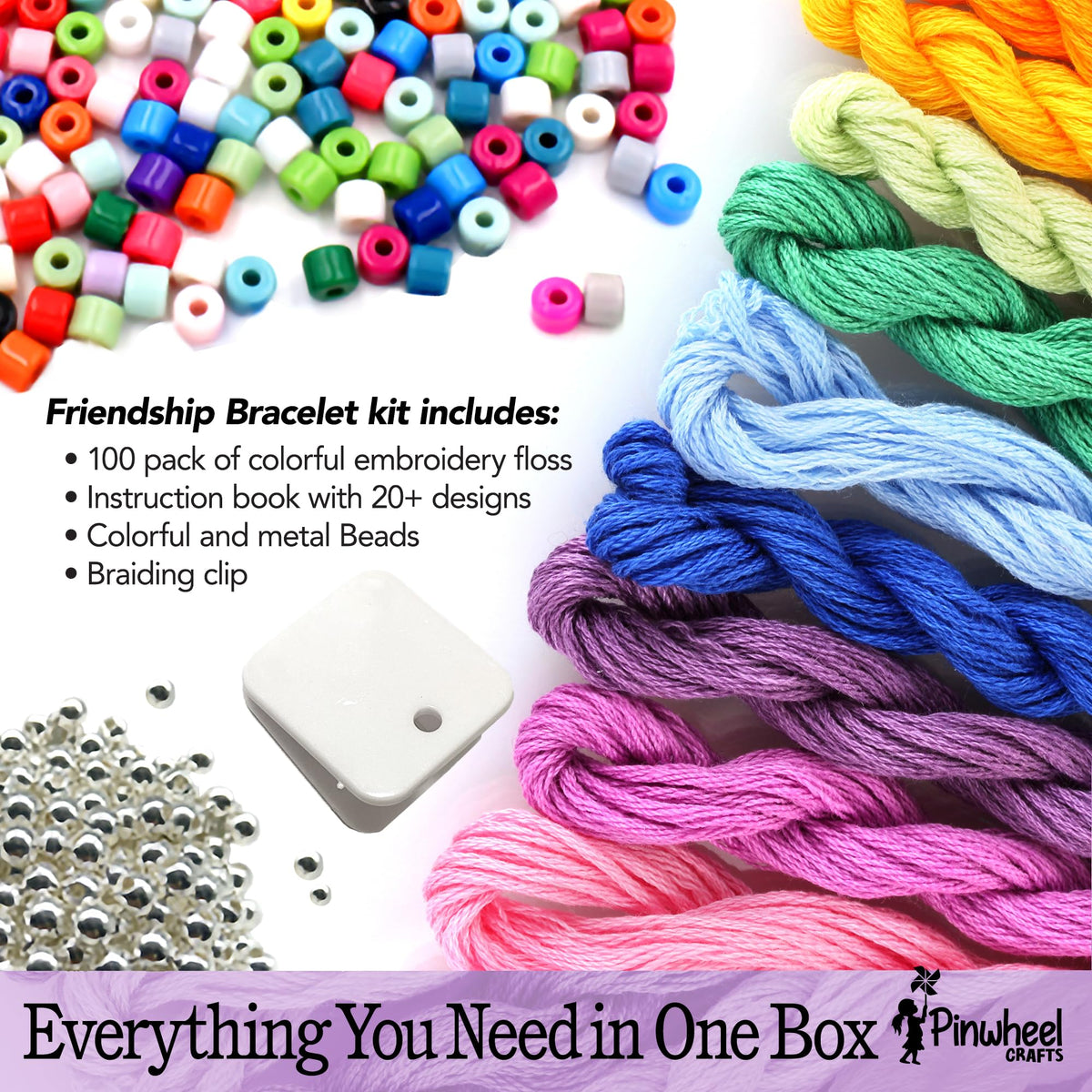 Pinwheel Crafts friendship bracelet kit with 100 floss threads for vibrant designs