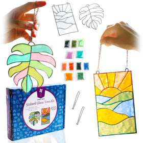 Pinwheel Crafts monstera leaf frame stained glass brightens windows with colorful light art for any room.