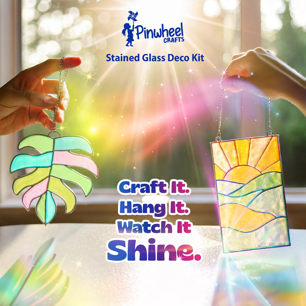 Pinwheel Crafts sunset frame stained glass creates warm glow for cozy decor.