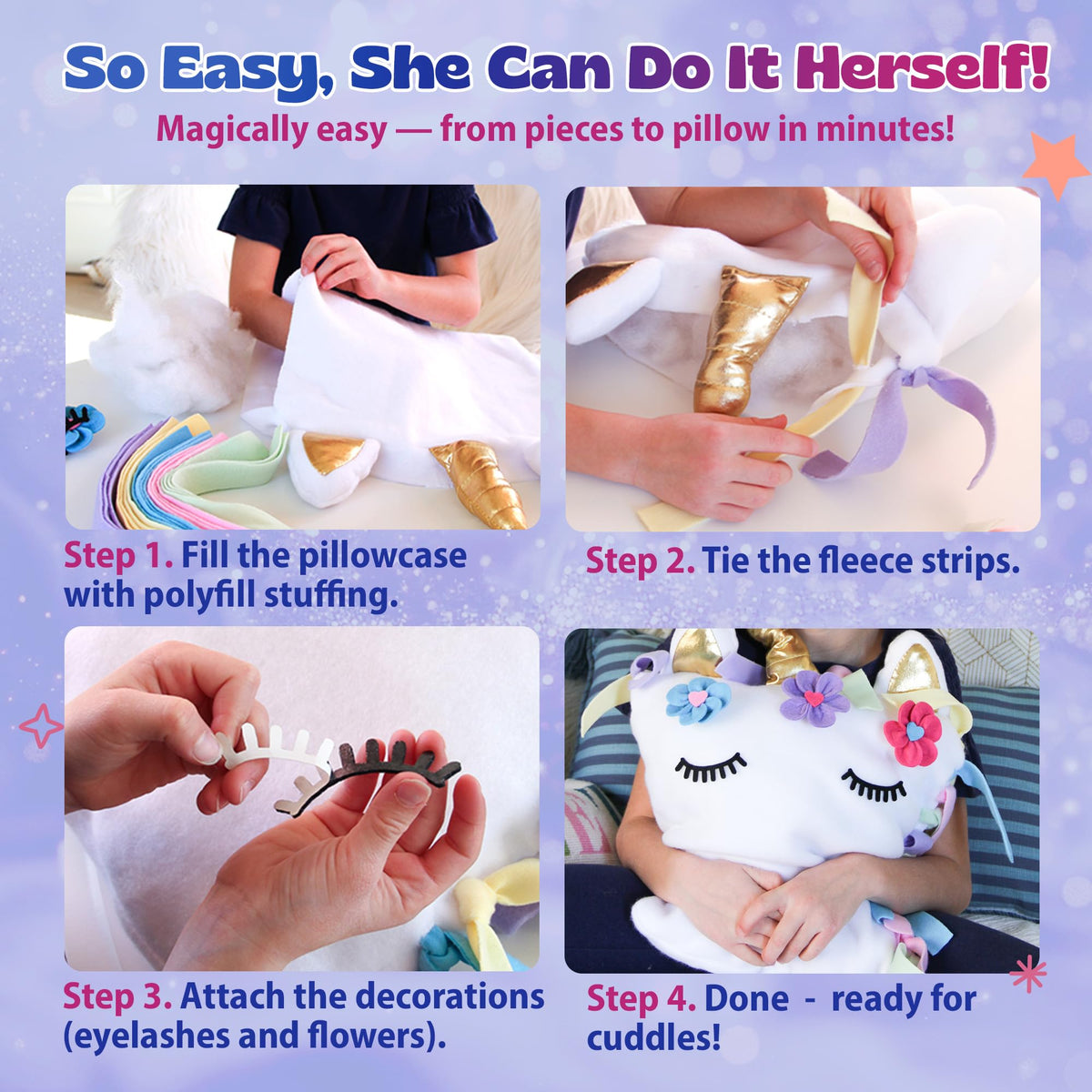 Pinwheel Crafts Unicorn Pillow Kit decorative flowers brighten the finished unicorn.