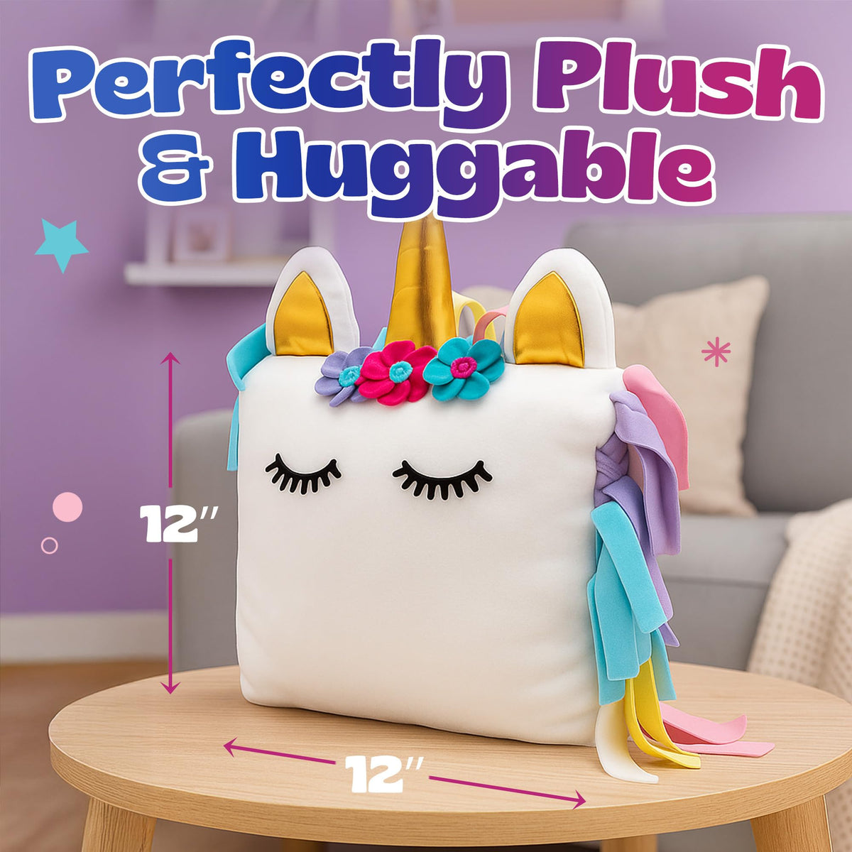 Pinwheel Crafts Unicorn Pillow Kit fleece tassels provide colorful accents for a fun look.