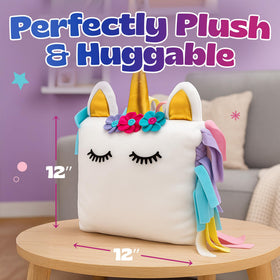 Pinwheel Crafts Unicorn Pillow Kit fleece tassels provide colorful accents for a fun look.