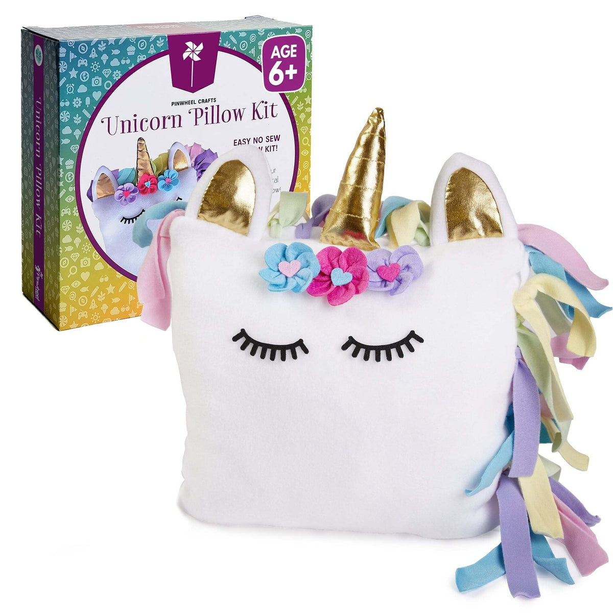 Pinwheel Crafts Unicorn Pillow Kit packaging shows an easy, no-sew project for kids.