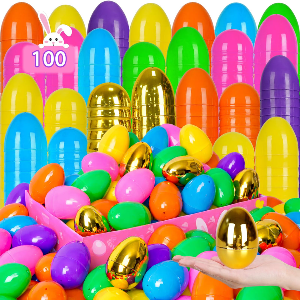 PIONJOY 100pcs 3in colorful Easter eggs ready for playful hunts and gifts.