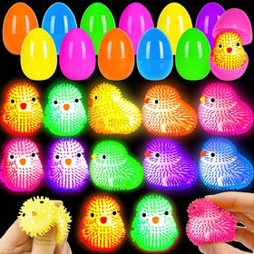 PIONJOY 12-pack Easter eggs with LED chick puffer balls for exciting egg hunts.