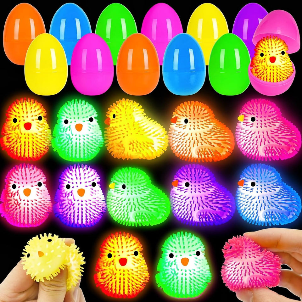 PIONJOY 12-pack Easter eggs with LED chick puffer balls for exciting egg hunts.