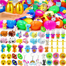 PIONJOY 50pcs prefilled Easter eggs with diverse toy fillers for kids' party fun.