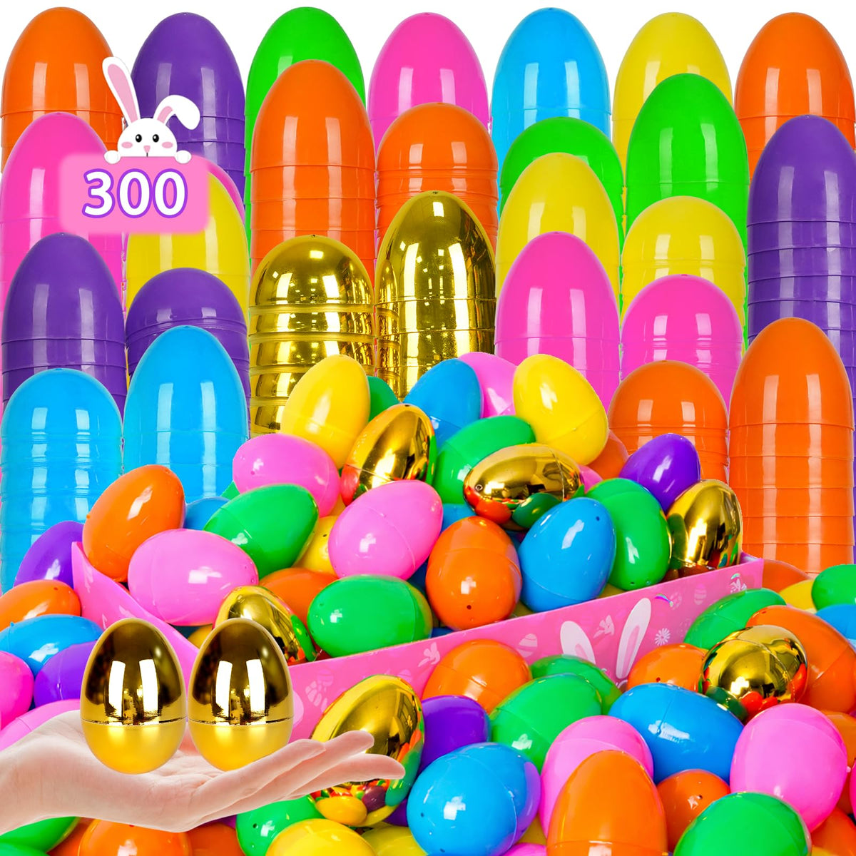 PIONJOY 6 golden eggs 300pcs pack for easy Easter egg hunts and gifts.