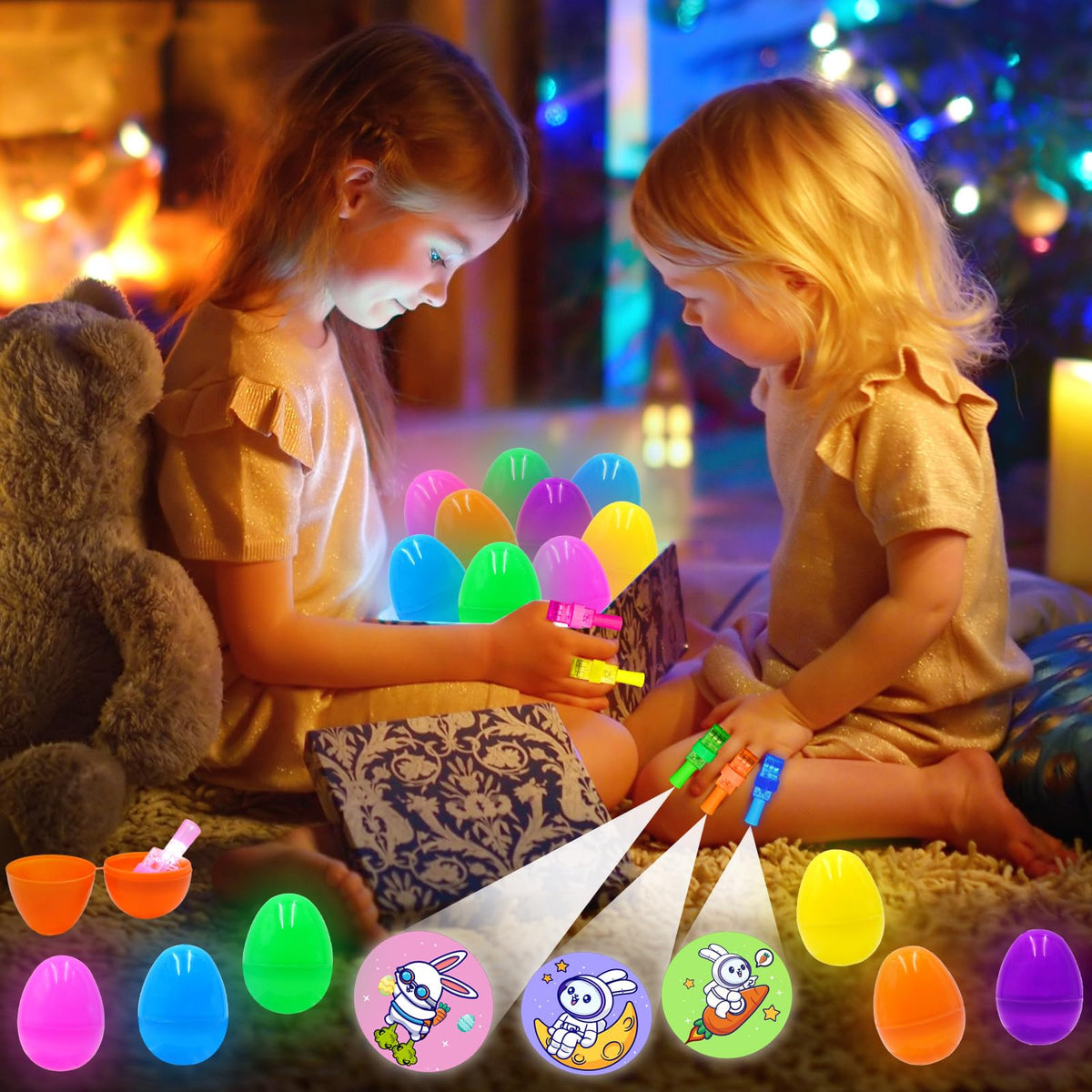 PIONJOY Easter basket stuffer set with eggs and lights for gifting.