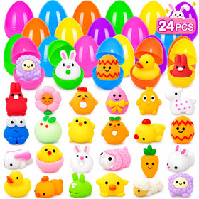 PIONJOY 24-pack Easter eggs with colorful mochi squishies for egg hunts.