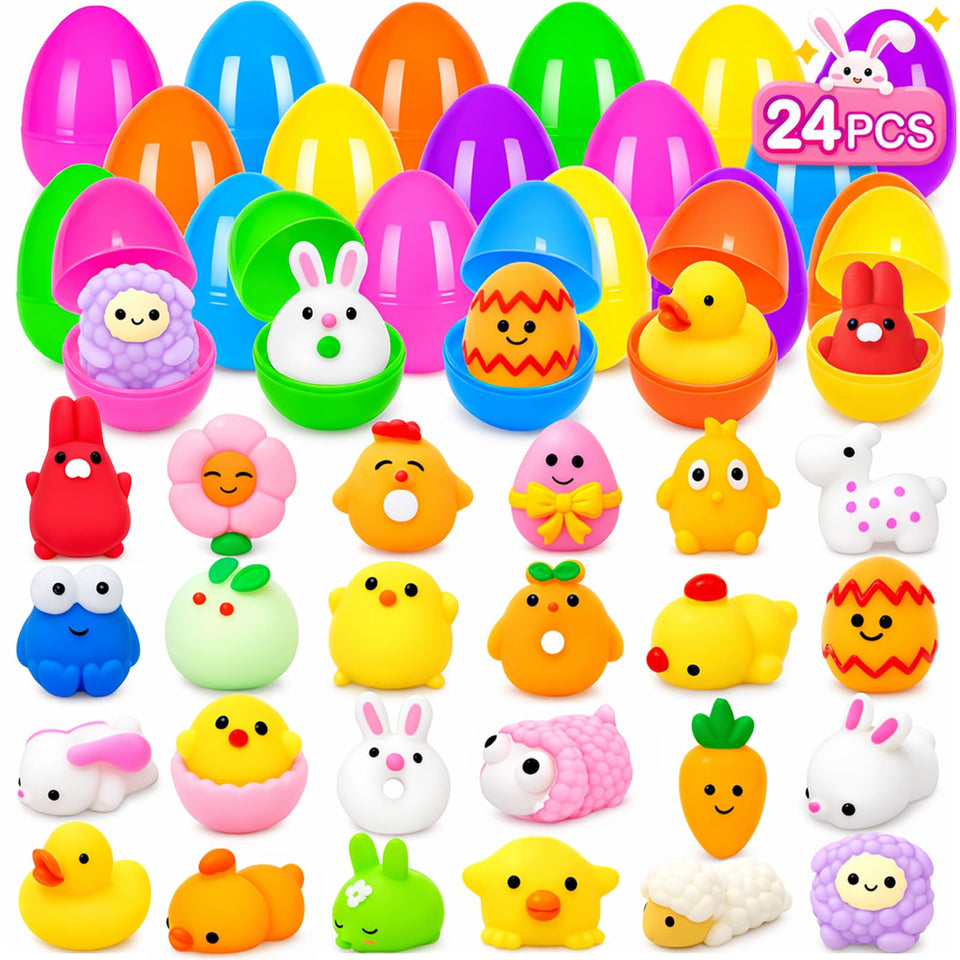 PIONJOY 24-pack Easter eggs with colorful mochi squishies for egg hunts.