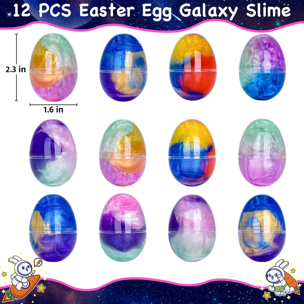 PIONJOY Galaxy Slime Egg box showcases 12 prefilled eggs for easy gifting.