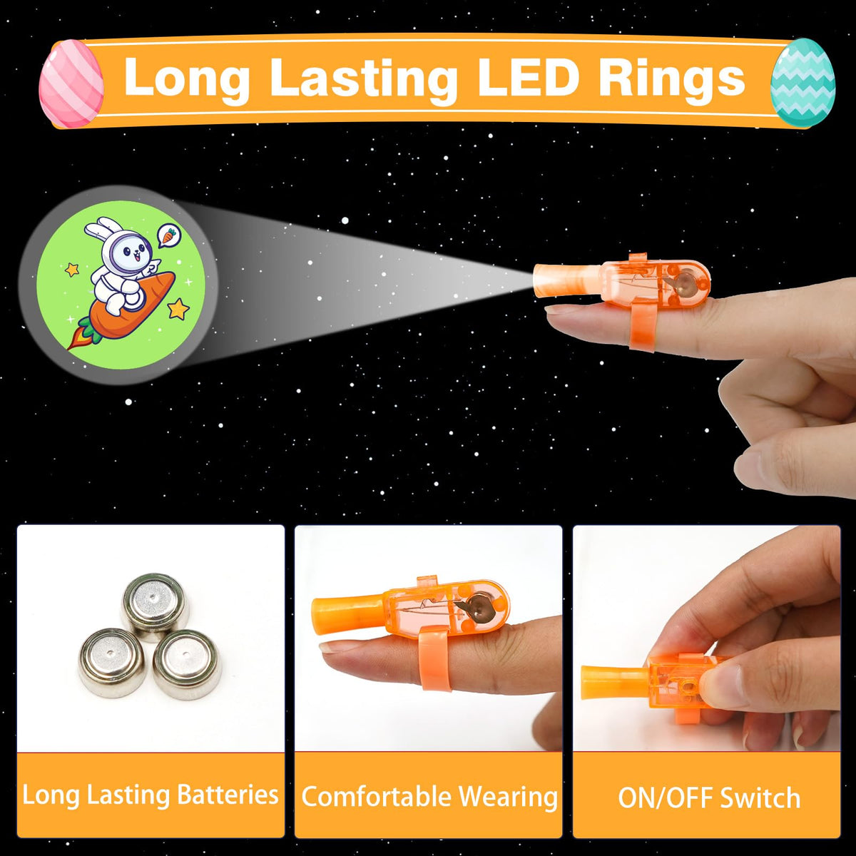 PIONJOY glow-in-the-dark finger lights illuminate Easter egg displays.