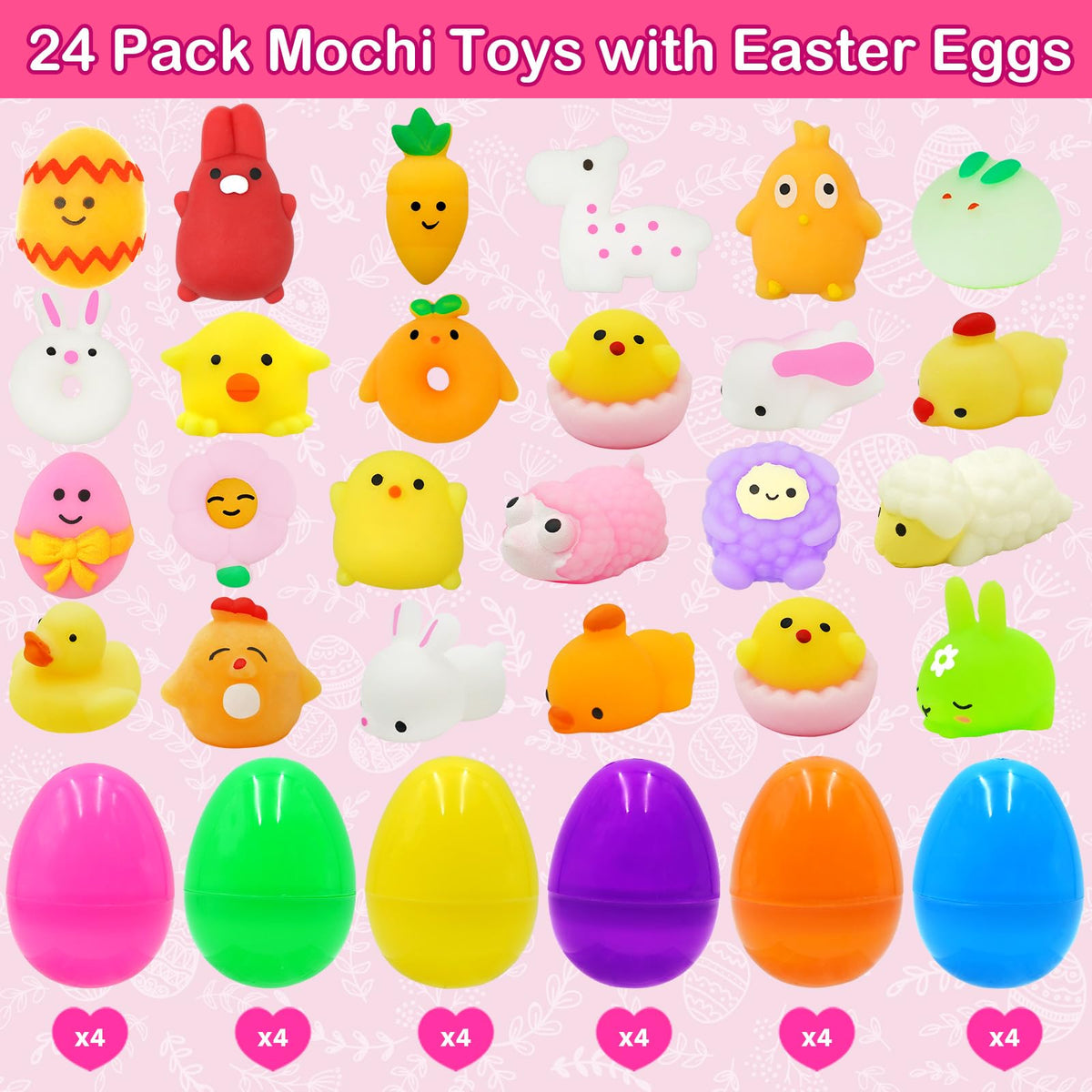 Close-up of PIONJOY mochi squishy toys inside Easter eggs for tactile play.