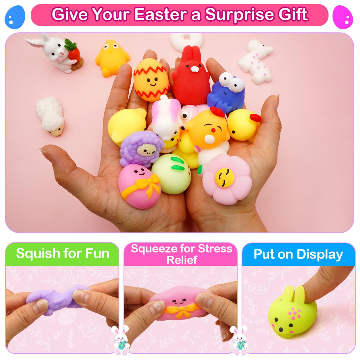 Close-up of soft, squeezable PIONJOY mochi toy textures and colors.