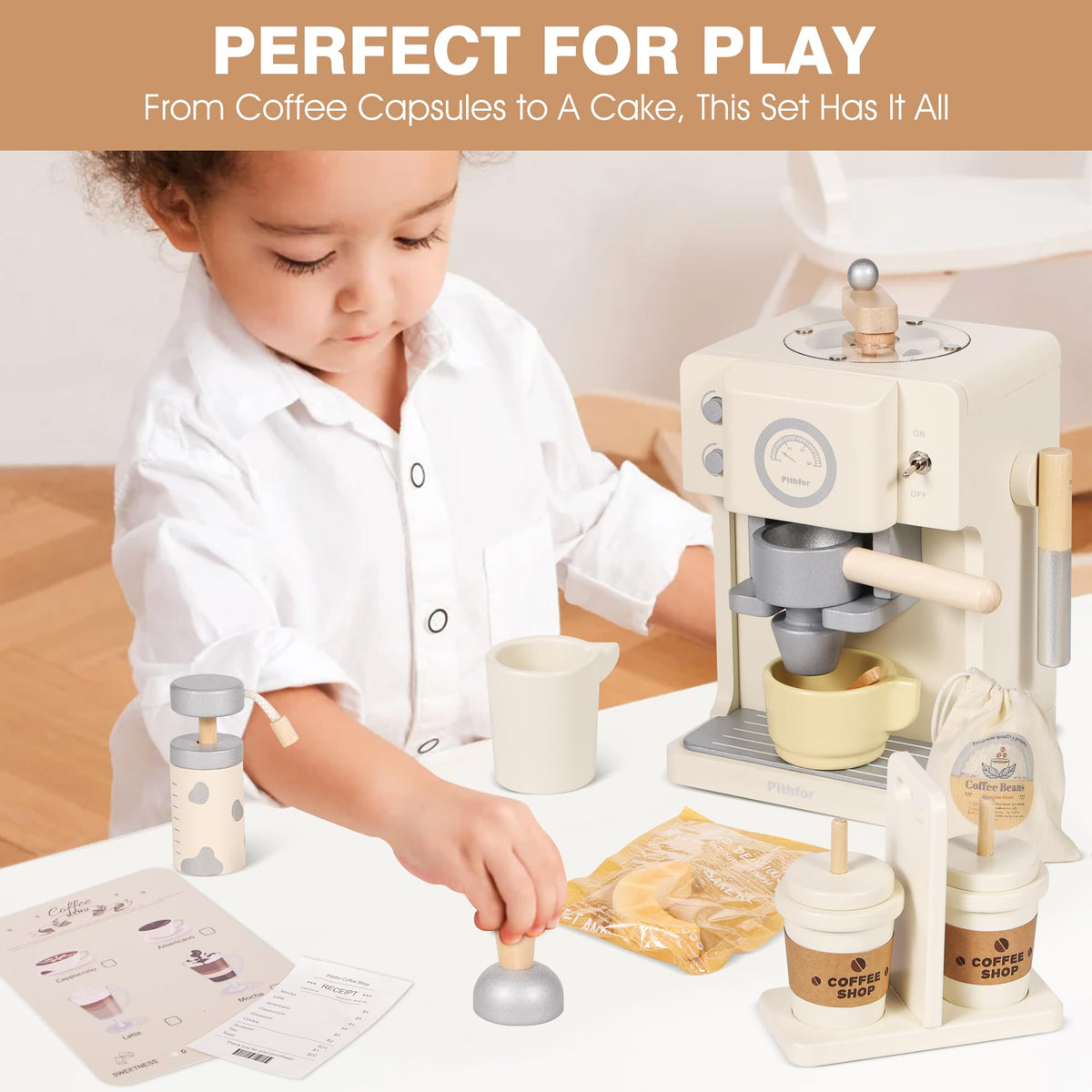 Pithfor Kids coffee grinder in action for realistic kitchen role play.