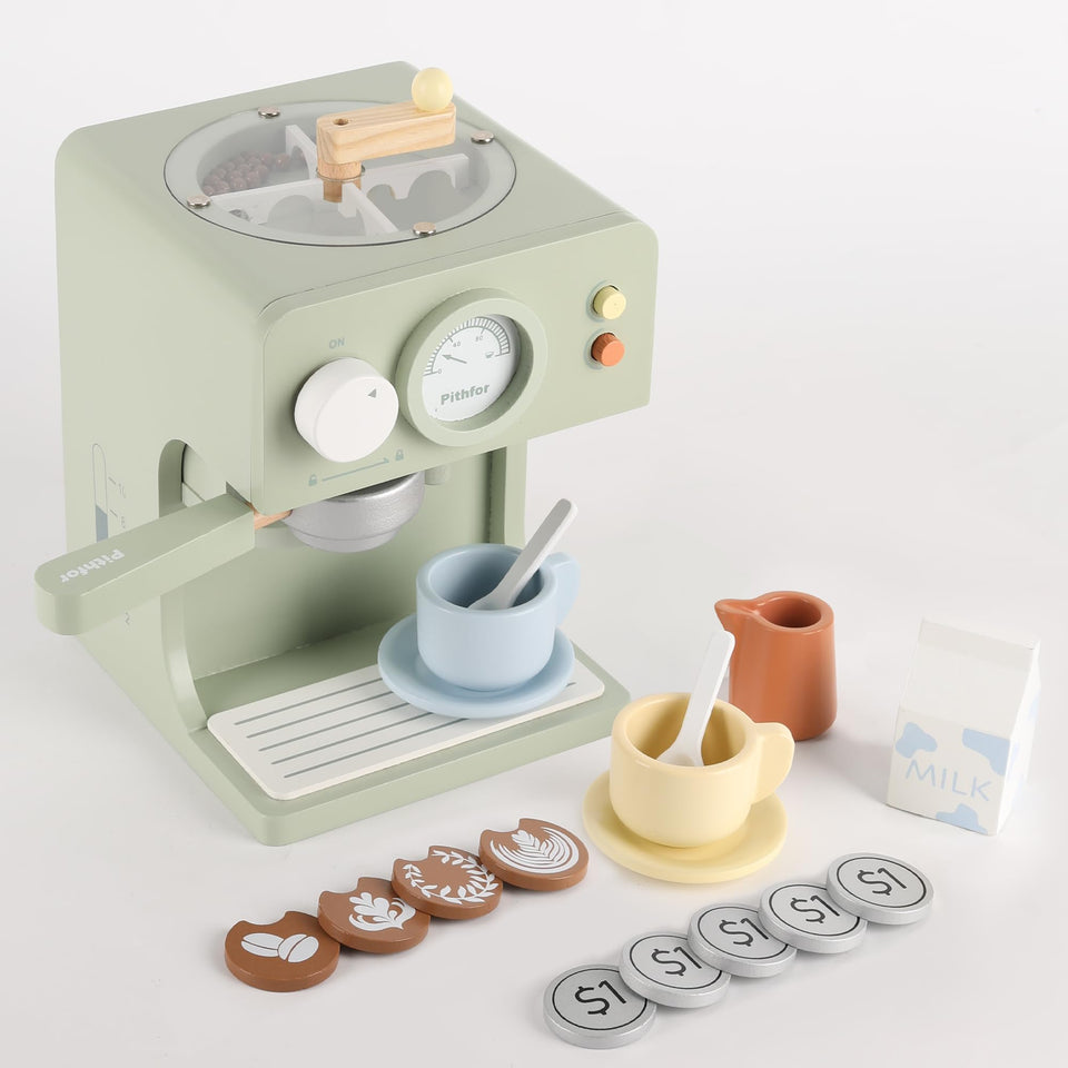 Pithfor Kids wooden coffee maker with grinder enables imaginative pretend play at home.