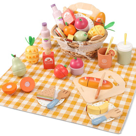 Pithfor Picnic Playset basket with wooden foods for imaginative playtime