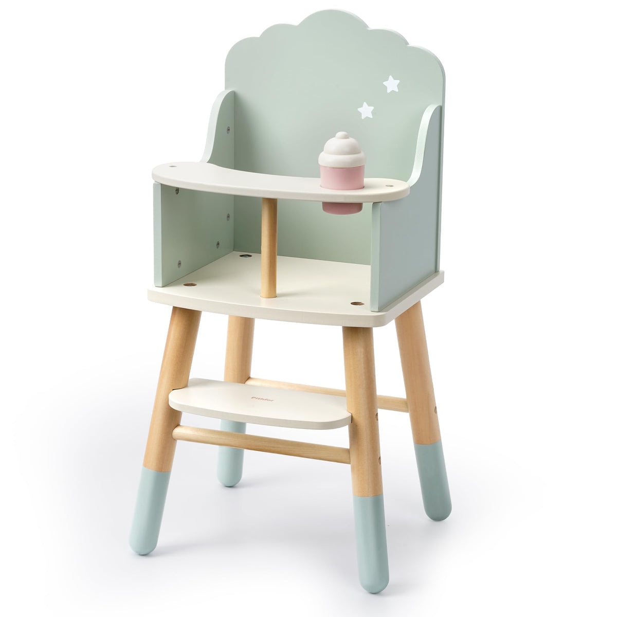 Pithfor wooden baby doll high chair front view in green for realistic pretend feeding