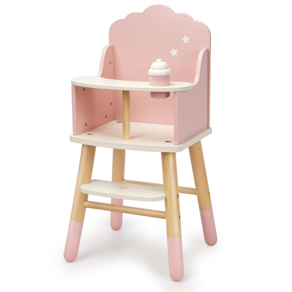 Pithfor wooden high chair pink front view for dolls up to 20 inches, ideal for pretend feeding.