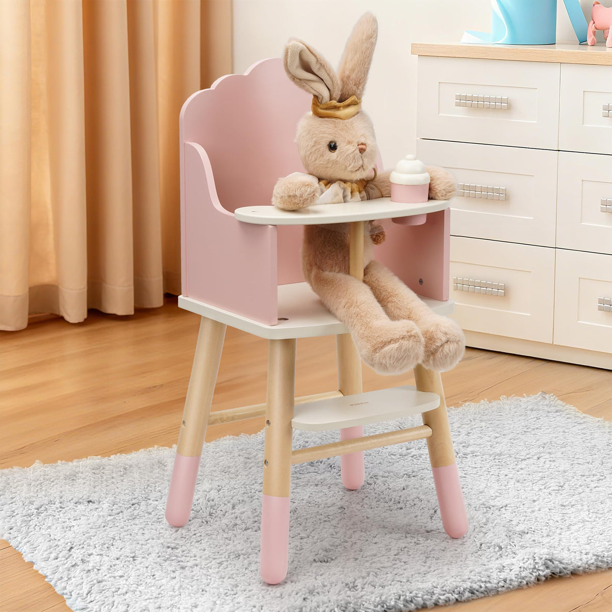 Pithfor wooden high chair pink in-dollhouse scene for imaginative play.