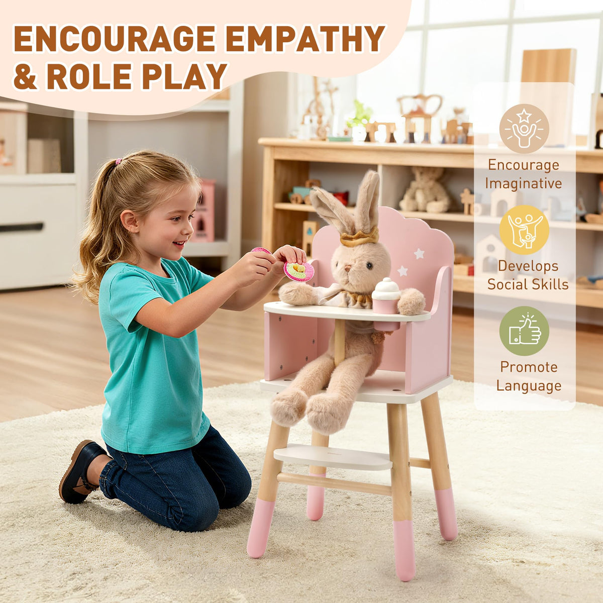 Pithfor wooden high chair pink side view highlighting sturdy construction and smooth edges.
