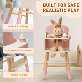 Pithfor wooden high chair pink with bottle for realistic feeding play.