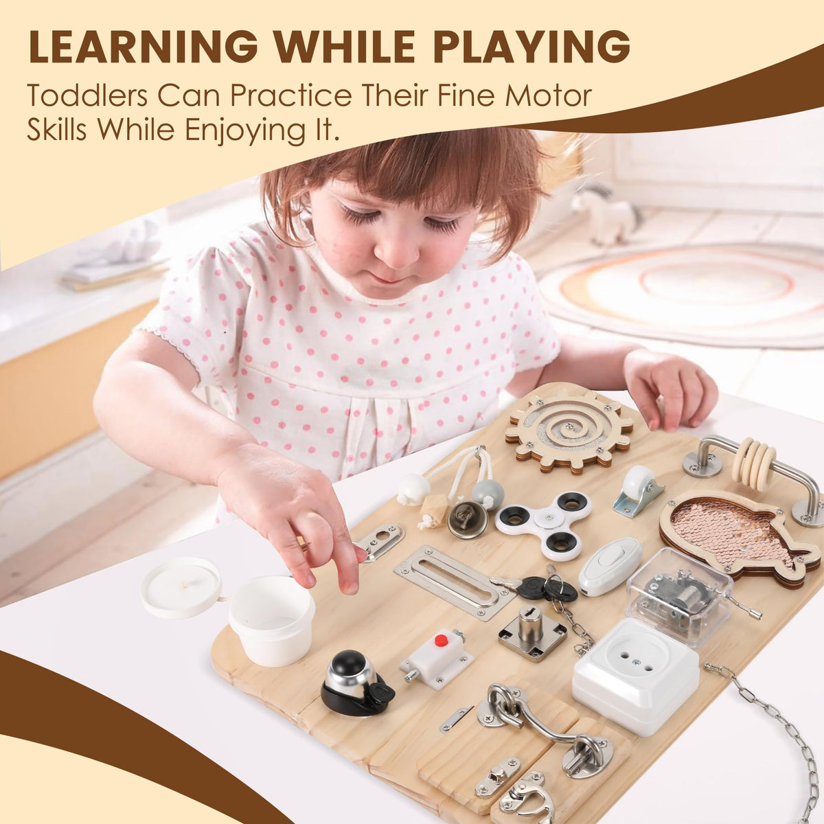 Pithfor wooden busy board showcases natural wood for safe exploration.