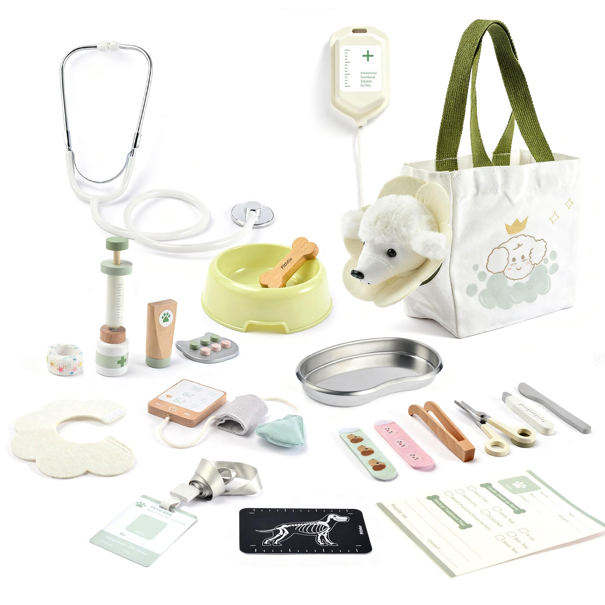 Pithfor wooden doctor kit with plush dog for imaginative vet play.