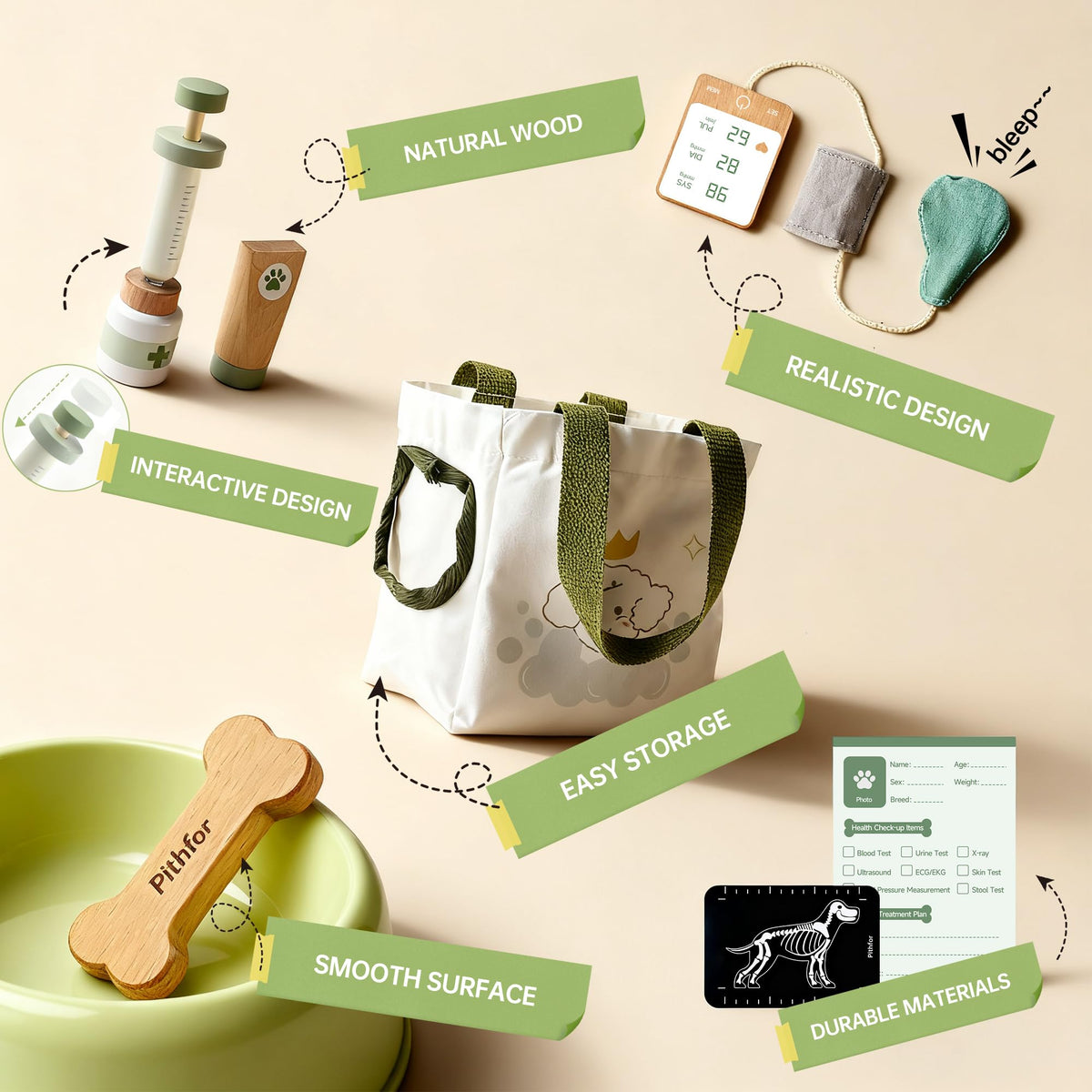 Pithfor wooden doctor kit stethoscope for role-play health checks.