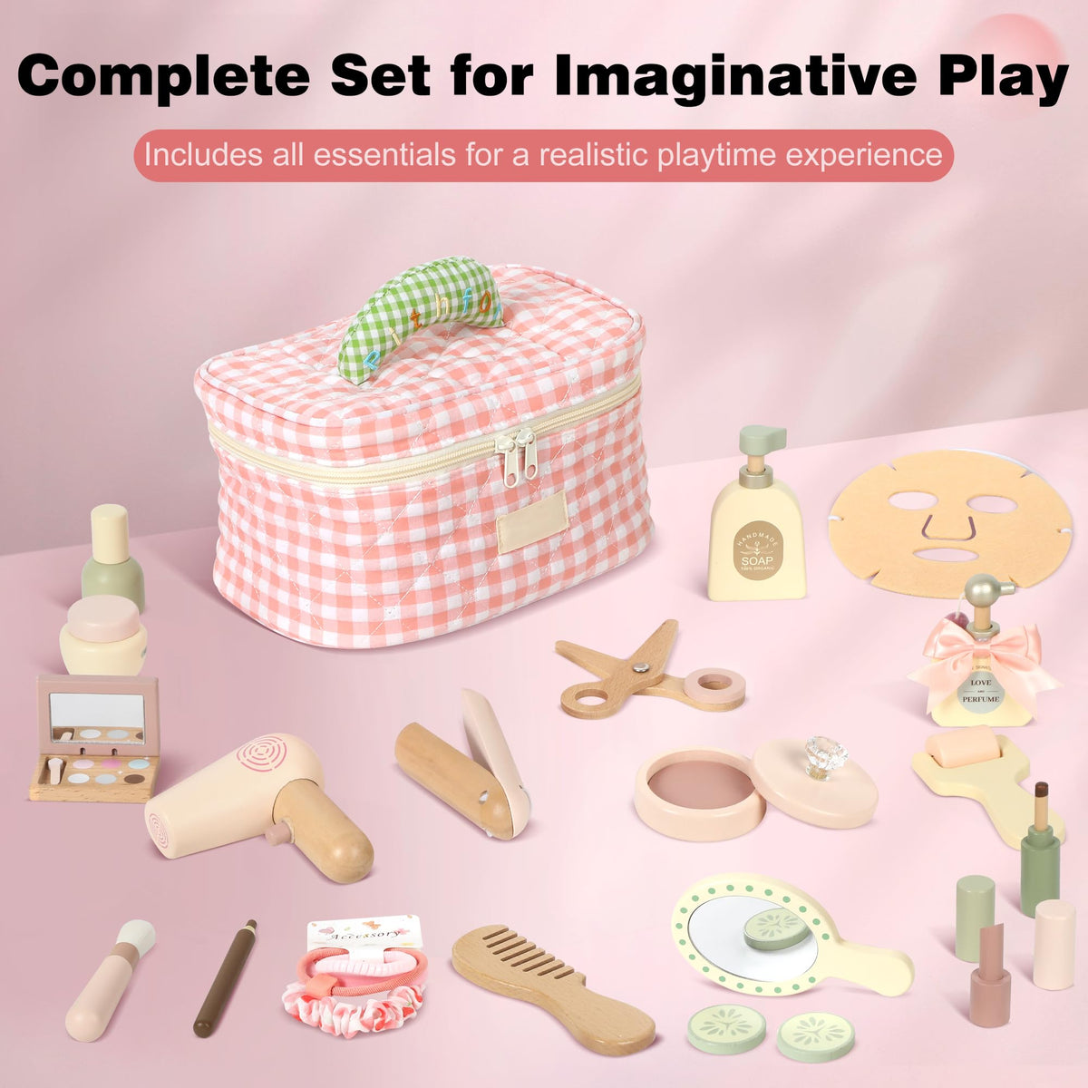 Pithfor wooden makeup toy set brushes for pretend beauty routines and coordination.