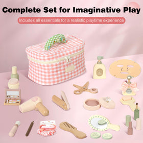 Pithfor wooden makeup toy set brushes for pretend beauty routines and coordination.