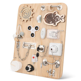 Pithfor wooden Montessori busy board with 17 activities boosts fine motor skills.