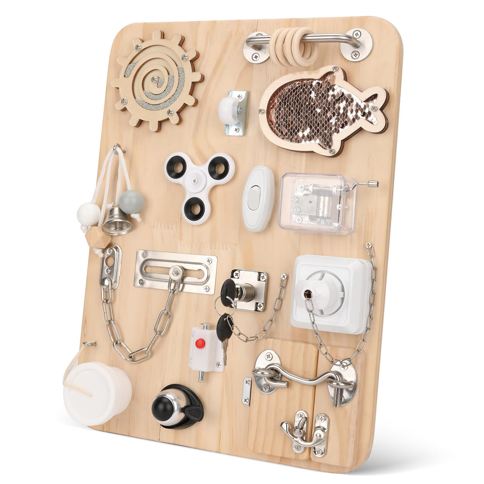 Pithfor wooden Montessori busy board with 17 activities boosts fine motor skills.