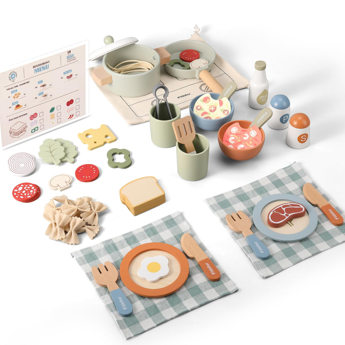 Pithfor wooden play cooking set dishes for imaginative pretend meals and cooperative play