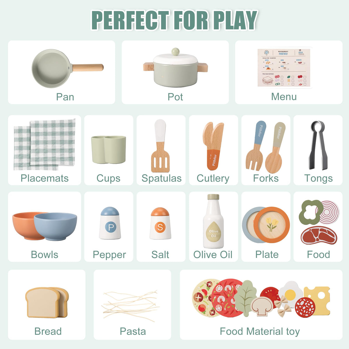Pithfor wooden play cooking set food toys for varied pretend recipes and imaginative scenarios