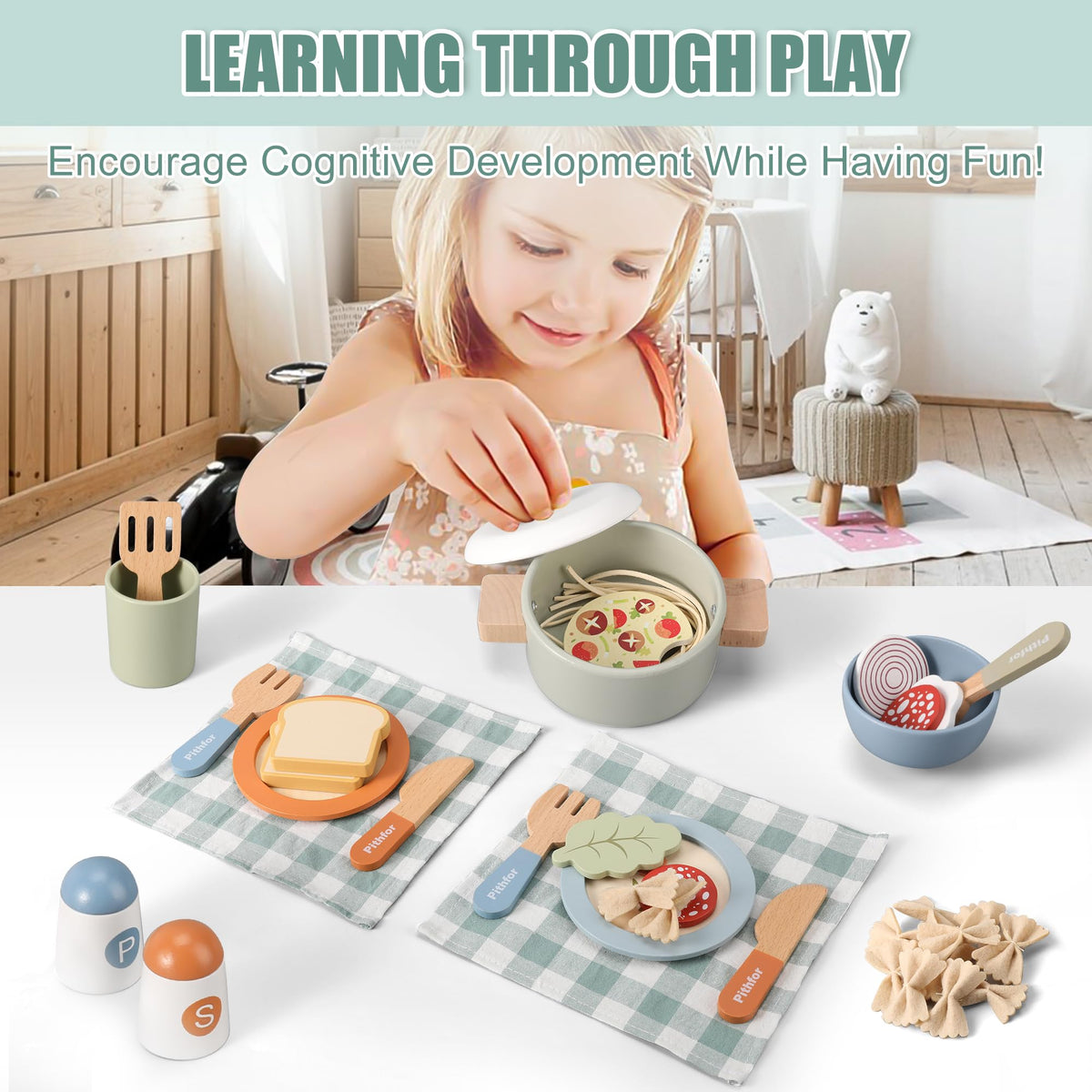Pithfor wooden play cooking set kitchen accessories for safe durable pretend kitchen fun