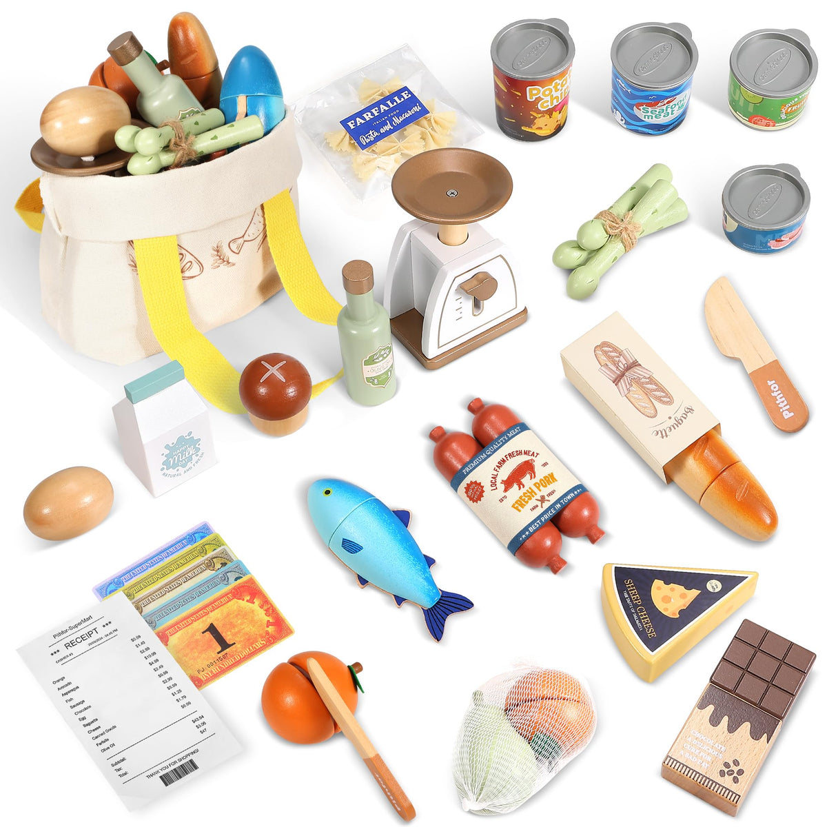 Pithfor wooden play food set with milk promotes realistic pretend shopping and role-play skills.