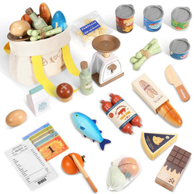 Pithfor wooden play food set with milk promotes realistic pretend shopping and role-play skills.