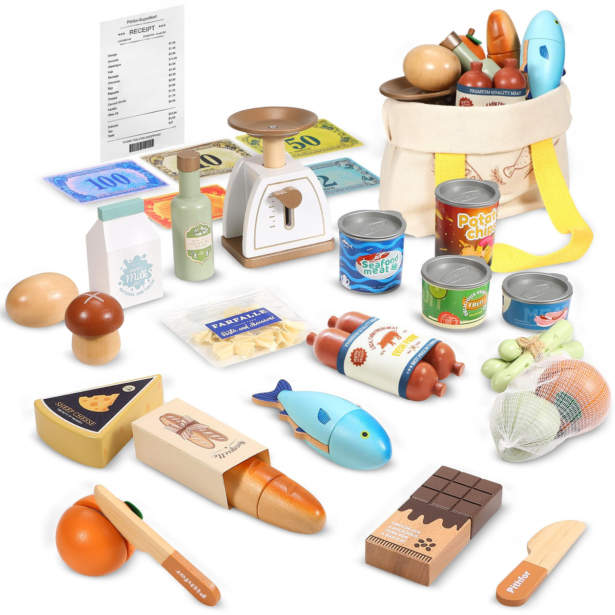 Pithfor portable bag keeps items organized for on-the-go pretend markets and cleanup.
