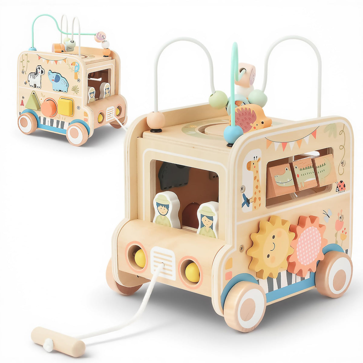Pithfor wooden pull-along activity cube with bead maze boosts fine motor skills during play