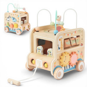 Pithfor wooden pull-along activity cube with bead maze boosts fine motor skills during play