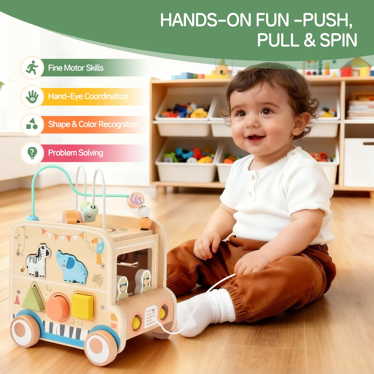 Pithfor wooden pull-along activity cube shape sorting supports early color and shape recognition