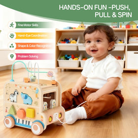 Pithfor wooden pull-along activity cube shape sorting supports early color and shape recognition