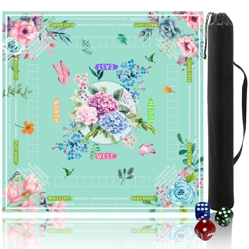 Pittera Mahjong Mat with blue floral design and spacious 31.5-inch playing area.
