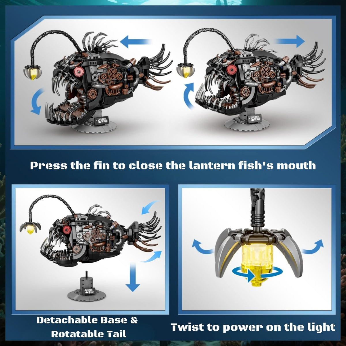 PIVONAX Angler Fish desk decor display with steampunk sea vibe.